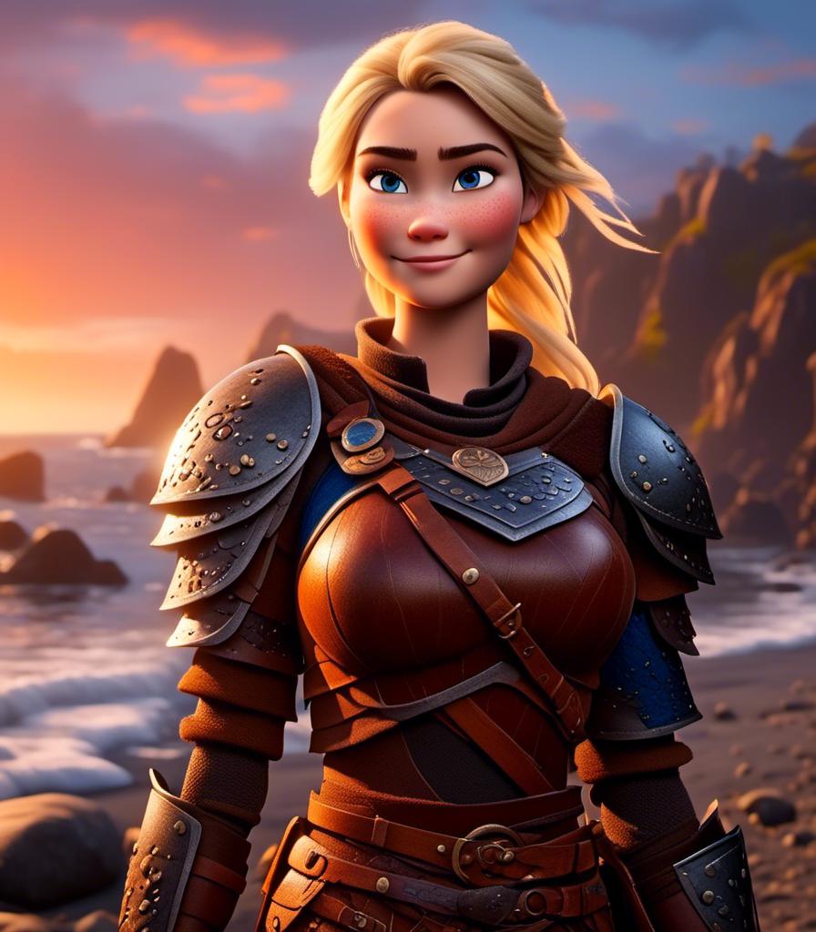 Prompt: <mymodel>CGI Animation, digital art, 20-year-old-old viking woman with blue eyes standing around several hot springs on a beach, blue clothes, blue colored armor, sunset lighting, blonde straight hair, subtle smile, unreal engine 8k octane, 3d lighting, cinematic lighting, camera shot of full armor from head to toe