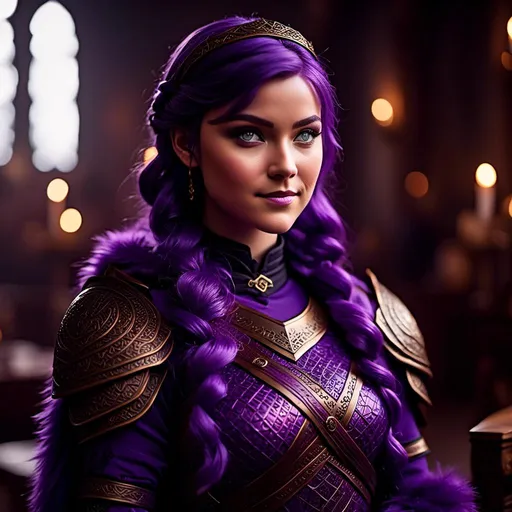 Prompt: A photo of <mymodel> with a heavy purple fur tunic in The Great Hall from How to Train Your Dragon, ((she has a single hair braid down her shoulder))