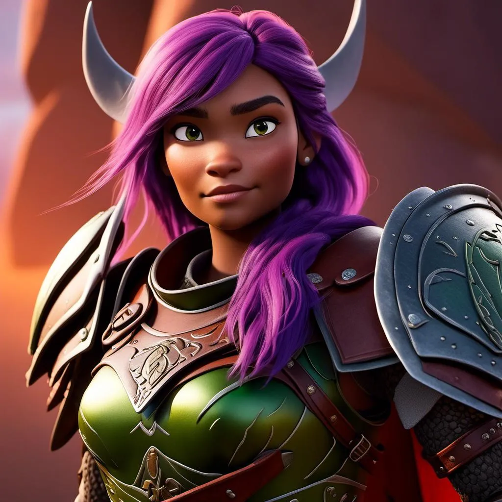 Prompt: <mymodel>Animated CGI style of a fierce Caucasian white Viking female about 25 years old, purple hair, detailed facial features, leather armor ((red)) and green armor, battle axe and shield, intense and determined expression, dynamic and powerful pose, high definition, CGI, detailed armor, fierce female, Nordic designs, battle-ready, dynamic pose, professional lighting