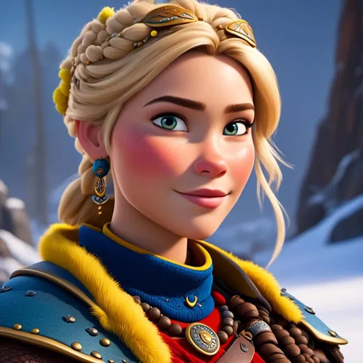 Prompt: <mymodel>CGI Animation, close-up portrait of the face, 20-year-old-old pirate woman sitting on a snow bank, a snowy scene, {{yellow gear, blue armor}}, blonde hair, an updo style of hair with a faded buzz cut on the side of the head, subtle smile, beads hair, small red earrings, multiple braids, yellow gear, straight hair, green eyes, bracelets, rings on fingers, mercenary gear, unreal engine 8k octane, 3d lighting, close up camera shot on the face, full armor