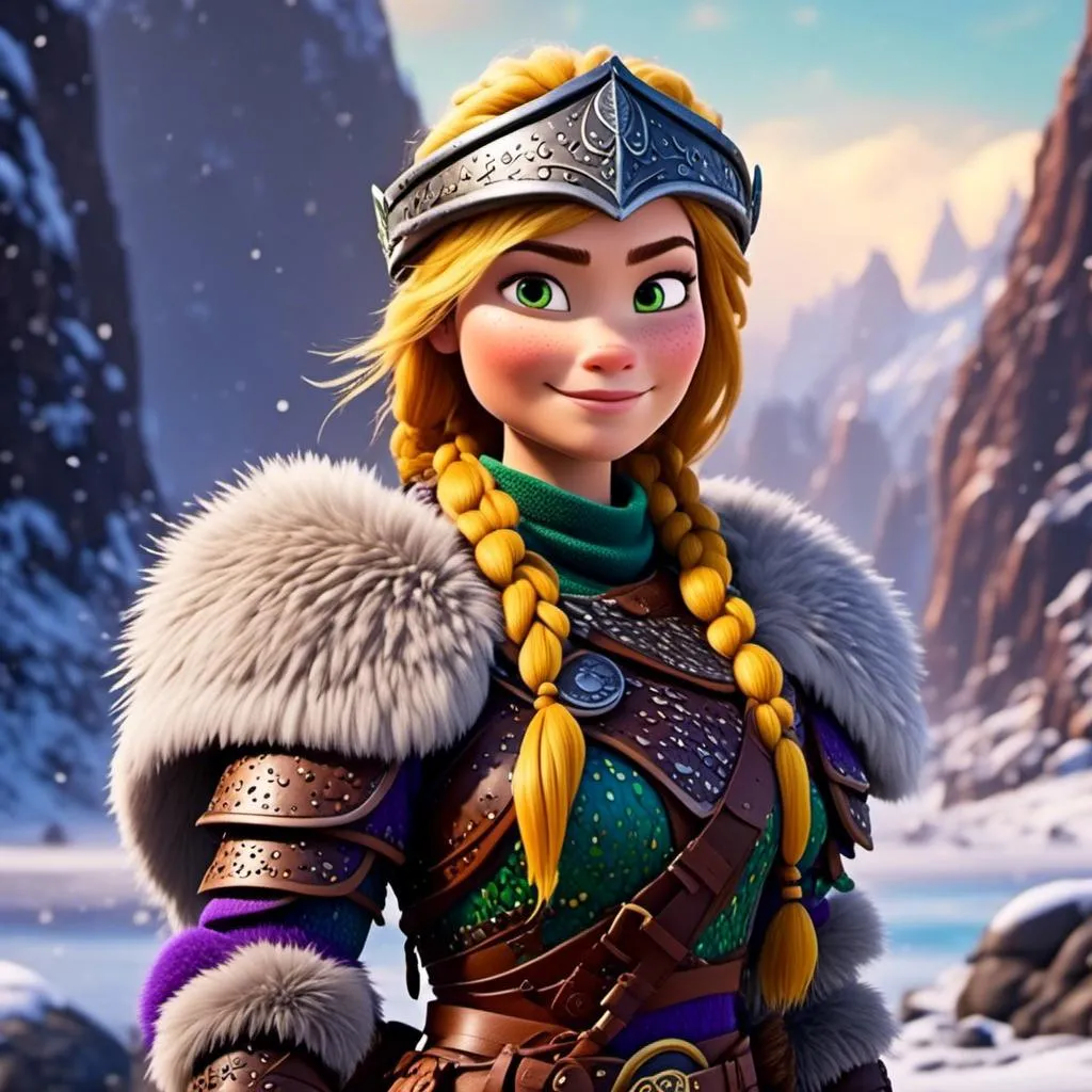 Prompt: <mymodel>CGi Animation, 25-year-old viking woman warrior with yellow eyes, a snowy scene, the viking woman has a subtle smile, hazel color hair, she has green gear, purple armor with bursts of gold textured splotches, black pants, black boots