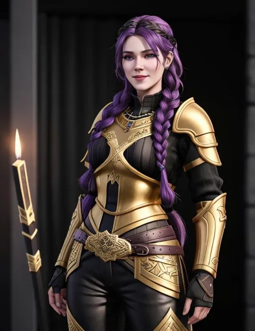 Prompt: create a viking woman, vibrant colors, subtle smile, 23-year-old woman viking, dark purple hair, one braid, black pants, light blue eyes, cut over left eye to on cheekbone, black gear, gold armor, unreal engine 8k octane, 3d lighting, full body, full armor