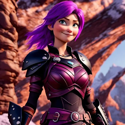 Prompt: <mymodel>CGi Animation, 25-year-old viking woman, purple hair, one braid, caucasian, subtle smile, light blue eyes, black gear, bright purple armor, black textures and highlights, unreal engine 8k octane, 3d lighting, full body, full armor