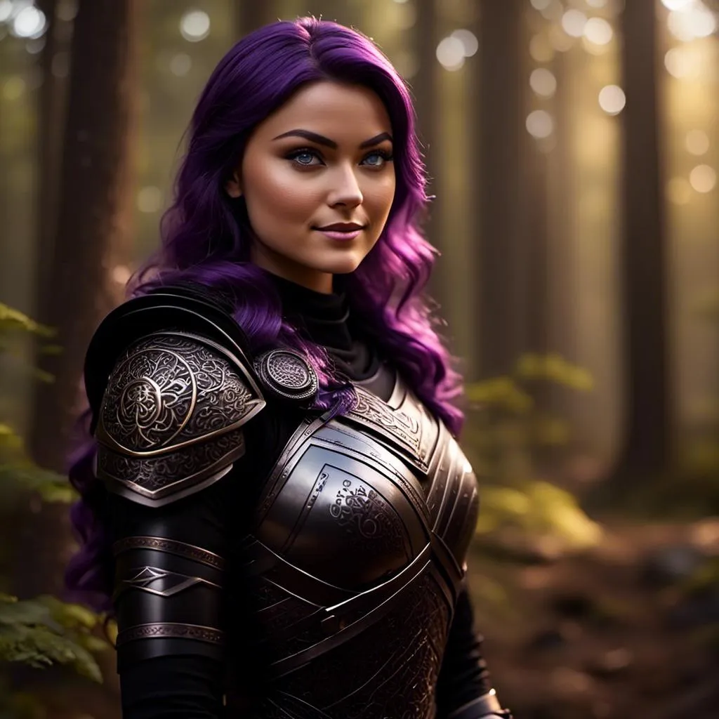 Prompt: <mymodel>25-year-old viking woman, subtle smile, light blue eyes, black gear, bright black armor, wearing an iron-man like suit of armor, black textures and highlights, standing in the forest, short focus, blurry background, unreal engine 8k octane, 3d lighting, full body, full armor