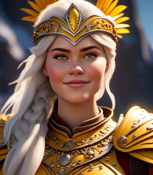 Prompt: <mymodel>CGI Animation, digital art, 20-year-old-old viking woman with light blue eyes, yellow clothes, gold colored armor, white hair, straight hair with a tiara and a mask on her eyes, subtle smile, unreal engine 8k octane, 3d lighting, close up camera shot on the face, full armor