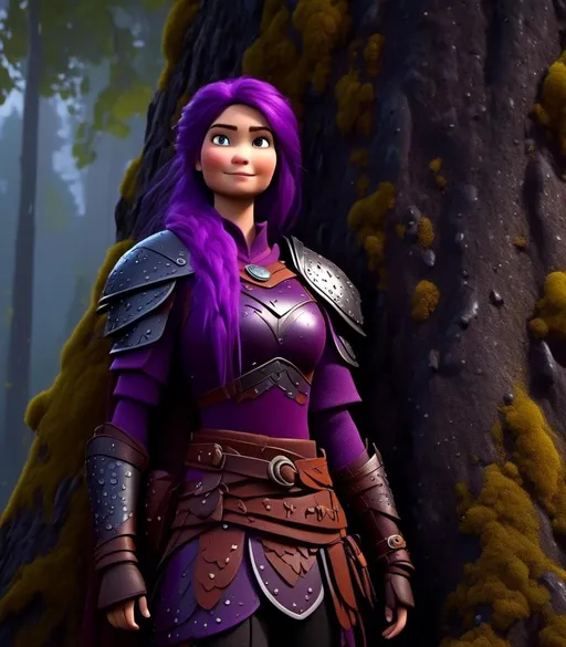 Prompt: <mymodel>CGI Animation, digital art, 20-year-old-old viking woman with light blue eyes, it is raining, she is of royalty standing at night next to a tree with her hands resting on the bark, she is in a dimly lit thick forest with trees everywhere, dense fog, {{black gear, purple armor}}, purple hair, single braid down her shoulder with a tiara, subtle smile, unreal engine 8k octane, 3d lighting, close up camera shot on the face, full armor