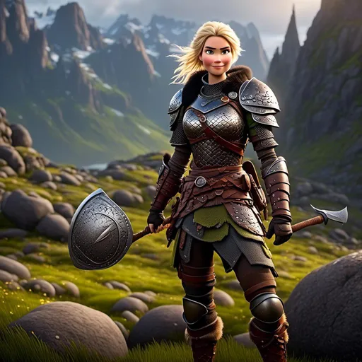 Prompt: digital art if <mymodel>, 27-year-old modest Young woman viking, she has two iron frying pans to use as weapons, blonde hair, grey pants, Quite well-built and lean muscled, green eyes, assassin's creed Valhalla armor, white armor, white gear, Green-gold eyes, very short curly blonde hair, full body, full armor, unreal engine 8k octane, 3d lighting