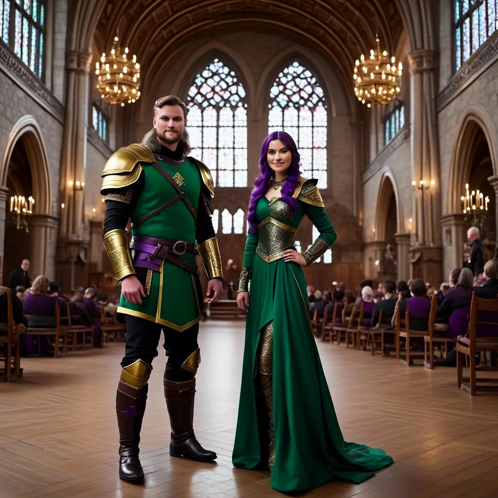 Prompt: Photo of <mymodel> standing in The Great Hall with her husband Jarl Everson who is 24-years old who has brown (((short))) wavy hair and green gear