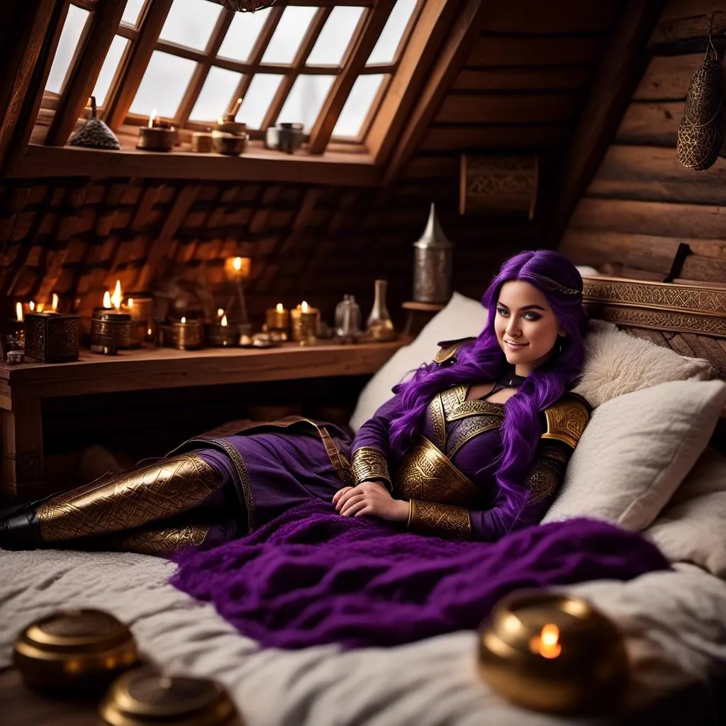 Prompt: Photo of <mymodel> lying down on her bed in her viking house