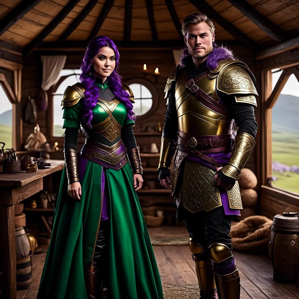 Prompt: Photo of <mymodel> standing in her hut with her husband Jarl Everson who is 24-years old who has brown (((short)) wavy hair and green gear