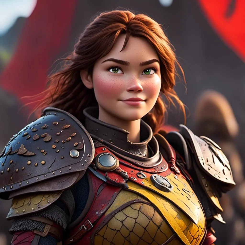 Prompt: <mymodel>CGI Animation of a viking female, brown hair in her face, hazel eyes, bright red gear and light armor, yellow highlights and textures, full light body armor, she has heavy gauntlets on her hands with armored gloves, standing in a viking village, intricate details, high quality, digital painting, cool tones, dramatic lighting