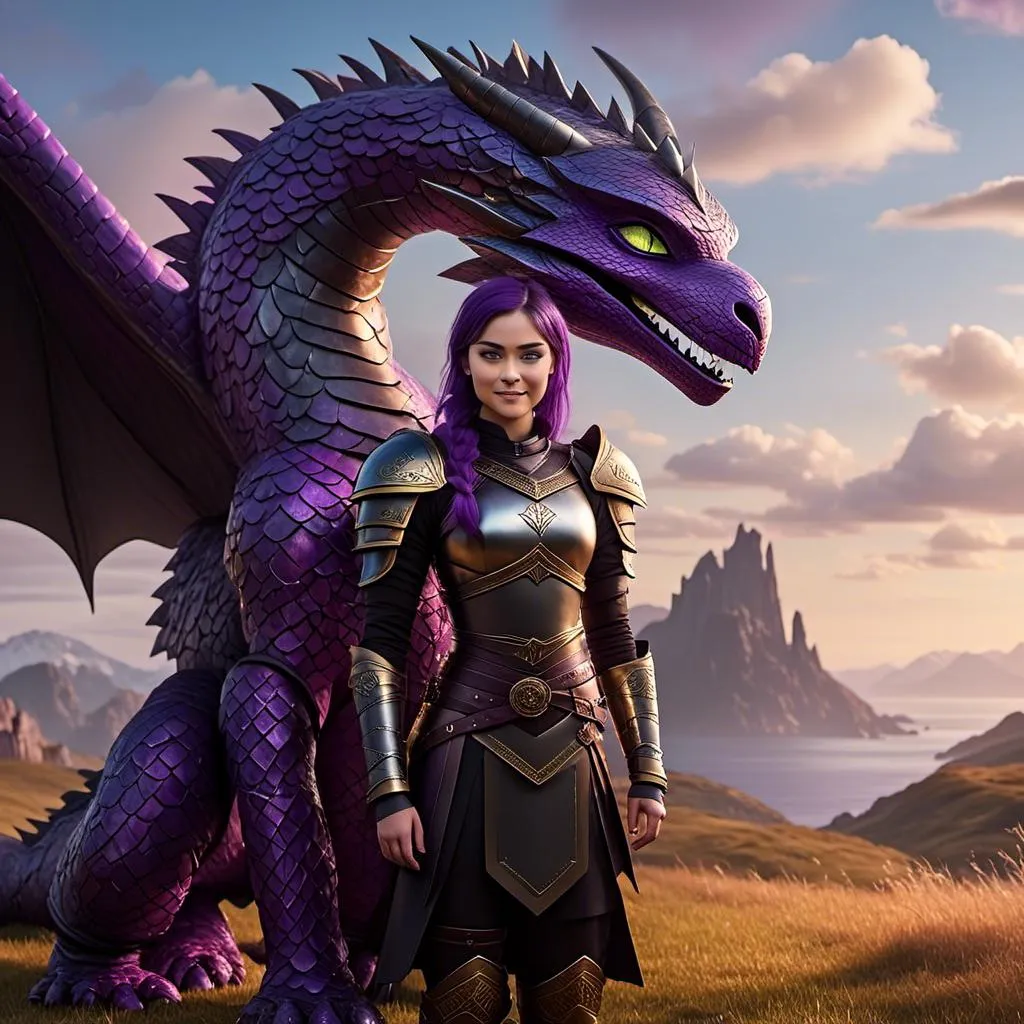 Prompt: Photo of <mymodel> standing next to her stormcutter dragon from "How to Train Your Dragon"