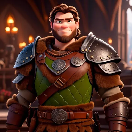 Prompt: <mymodel> viking man, lawyer, thin, small stature, standing in The Great Hall, medium length brown hair, evil look, evil smile, brown eyes, no armor, European-like brown gear, brown leather vest, long sleeve green shirt underneath the brown leather vest, black highlights on his clothes, brown pants, brown boots, historical, strong and natural lighting