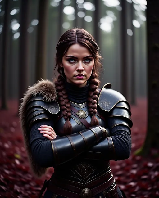 Prompt: <mymodel>25-year-old viking woman, arms crossed, standing in the dimly lit forest with red-leaved weeds, messy and dirty hair, single braid of hair down her shoulder, she has a mad expression, light blue eyes, dirty armor, black gear, bright black armor, black textures and highlights, with glowing lights, short focus, blurry background, unreal engine 8k octane, 3d lighting, full body, full armor