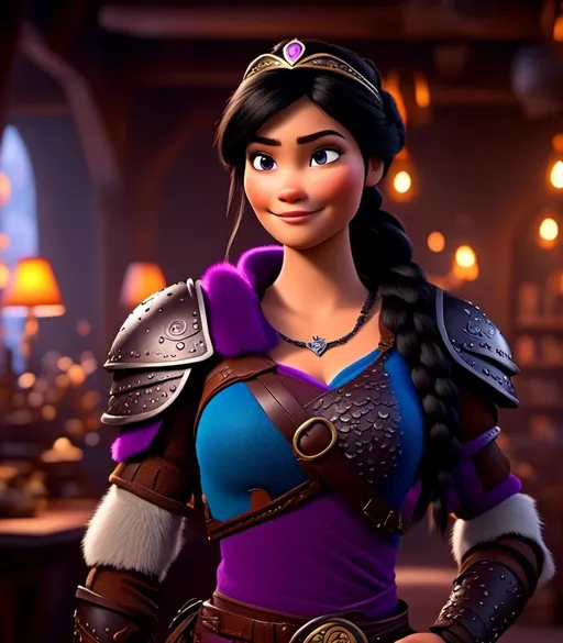 Prompt: <mymodel>CGI Animation, digital art, 20-year-old-old viking woman with light blue eyes, she is standing in her library, she is of royalty, {{black gear, purple armor}}, black hair with purple strands, single braid down her shoulder with a tiara, subtle smile, unreal engine 8k octane, 3d lighting, close up camera shot on the face, full armor