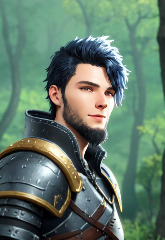 Prompt: Digital art, 22-year-old viking man, black hair. yellow armor, blue gear, medium-length black hair, subtle smile, black stubble beard, hazel eyes, adventurer, blue sky background, unreal engine 8k octane, 3d lighting