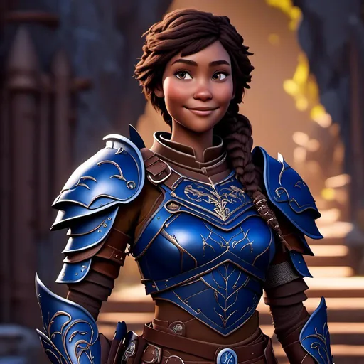 Prompt: <mymodel>Digital art, 18-year-old viking woman, subtle smile, cobalt blue gear, cobalt blue armor, brunette hair, two braids, dark brown eyes, unreal engine 8k octane, 3d lighting, full body, full armor