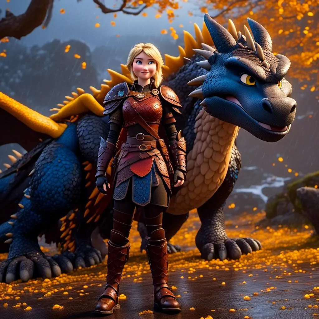 Prompt: <mymodel>CGi Animation, 20-year-old viking woman with blue eyes, a rainy scene, she is standing next to a bright blue dragon with gold highlights, they are both in the rain, the viking woman has a subtle smile, blonde hair, she has blue gear, gold armor, black pants, black boots, unreal engine 8k octane, 3d lighting, full body, full armor