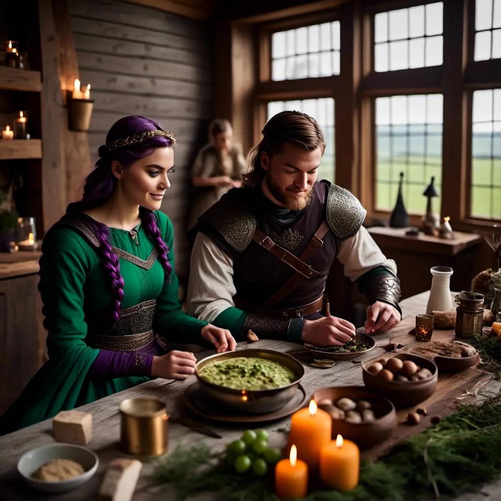 Prompt: Photo of a young <mymodel> setting the supper table with her husband a young Jarl Mollerson with green clothes short brown hair and no beard in their viking house