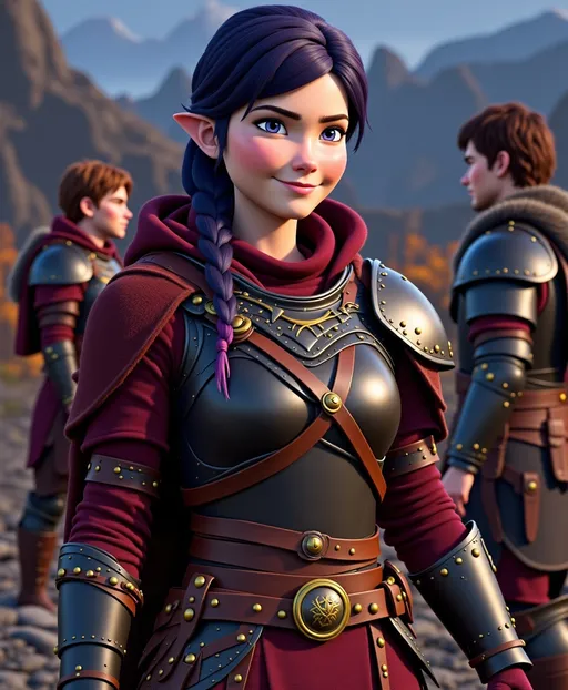 Prompt: <mymodel>CGI Animation, digital art, 20-year-old-old viking woman with violet eyes, Dark red Long sleeve shirt, skirt with dragon teeth on it, wears the snow wraith hood, ((dark dark blue hair with teal, pink and purple streaks)), fighting against another viking warrior in a sword battle with Annabeth who has purple hair with black and gold armor in the training ring, subtle smile, unreal engine 8k octane, 3d lighting, close up camera shot on the face, full armor