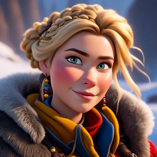 Prompt: <mymodel>CGI Animation, close-up portrait of the face, 20-year-old-old pirate woman sitting on a snow bank, a snowy scene, {{yellow gear, blue armor}}, blonde hair, an updo style of hair with a faded buzz cut on the side of the head, subtle smile, beads hair, small red earrings, multiple braids, yellow gear, straight hair, green eyes, bracelets, rings on fingers, mercenary gear, unreal engine 8k octane, 3d lighting, close up camera shot on the face, full armor