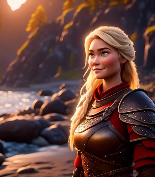 Prompt: <mymodel>CGI Animation, digital art, 20-year-old-old viking woman with blue eyes standing around several hot springs on a beach, sunset lighting, blue clothes, blue colored armor blonde straight hair, subtle smile, unreal engine 8k octane, 3d lighting, cinematic lighting, camera shot of full armor from head to toe