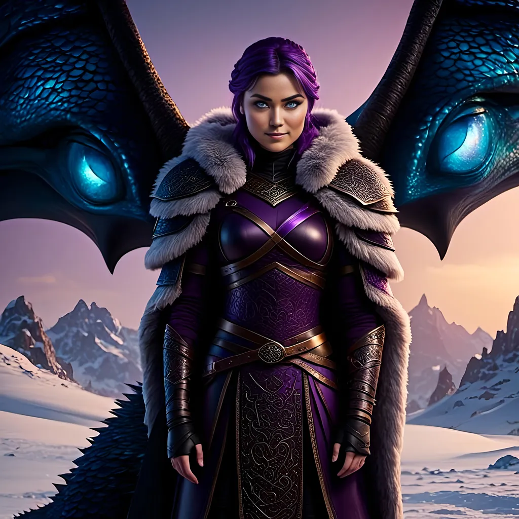 Prompt: Photo of <mymodel> standing next to her ((black)) razorwhip dragon from How to Train Your Dragon in the snow, {{she has light blue eyes}}, she is wearing a fur hood over her head, she is wearing a fur cape