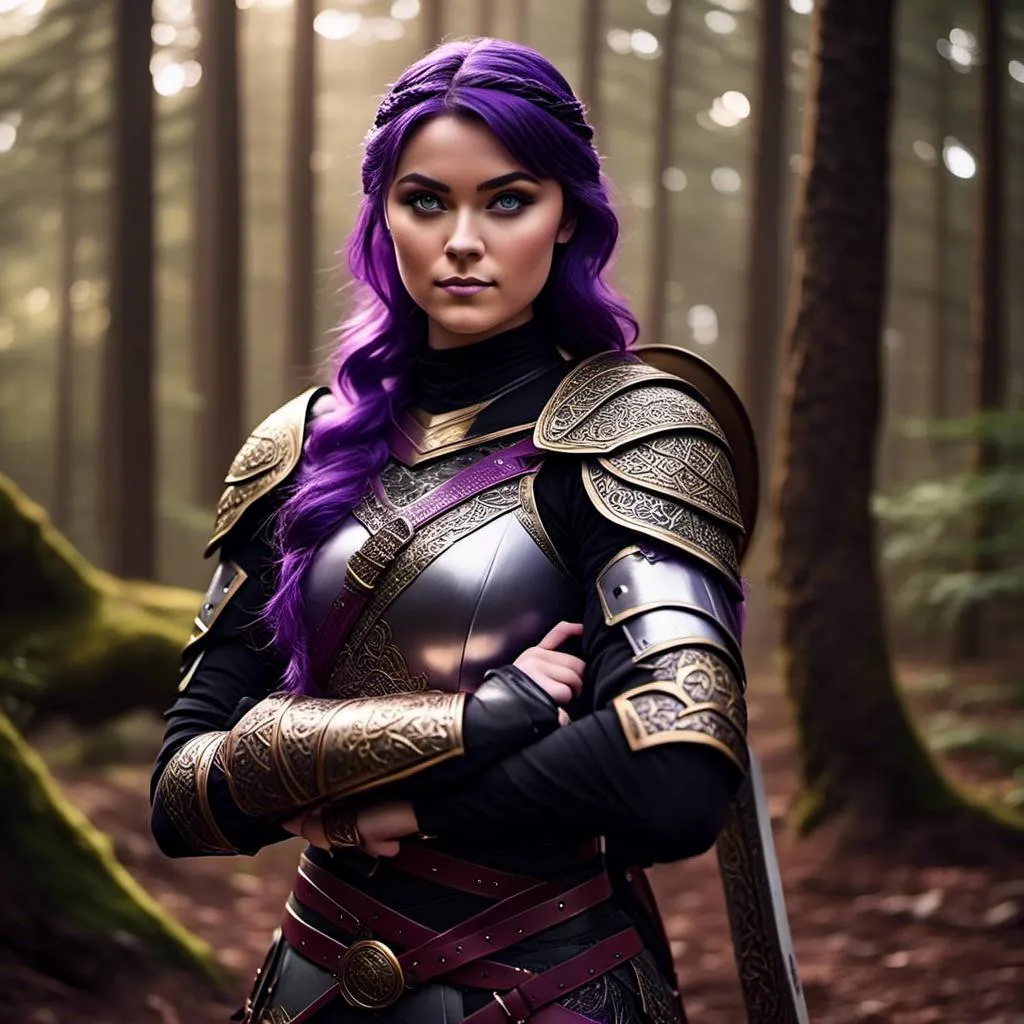 Prompt: A photo of <mymodel> standing in a forest with her sword drawn ready for a fight