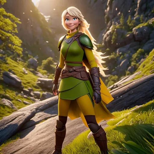 Prompt: <mymodel>CGi Animation, 20-year-old viking woman with one hair braid, subtle smile, blonde hair, blue eyes, green gear, green armor, yellow clothes, yellow textures and highlights, unreal engine 8k octane, 3d lighting, full body, full armor