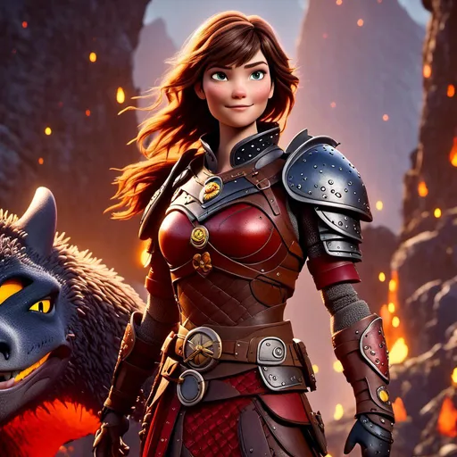 Prompt: <mymodel>CGI Animation of a viking female, brown hair, hazel eyes, bright red gear and armor, yellow highlights and textures, intricate details, high quality, digital painting, cool tones, dramatic lighting