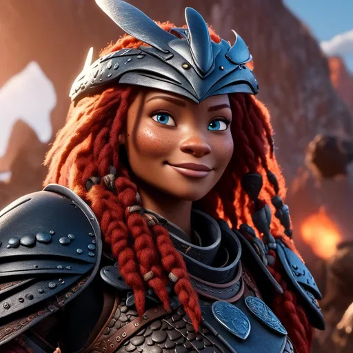 Prompt: <mymodel>CGI Animation of a viking woman of 40 years old, red hair with dreadlocks, blue eyes, all black gear and armor, leather highlights and textures, dragon scale textures and armor, intricate details, high quality, digital painting, cool tones, dramatic lighting