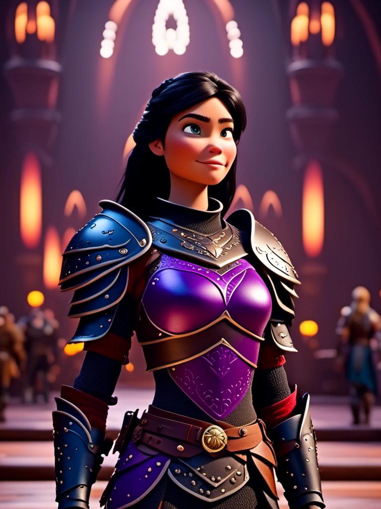 Prompt: <mymodel>CGI Animation, digital art, 20-year-old-old viking woman of royalty standing in The Great Hall on the Isle of Berk, {{black gear, purple armor}}, black hair, straight hair with a tiara, subtle smile, unreal engine 8k octane, 3d lighting, close up camera shot on the face, full armor