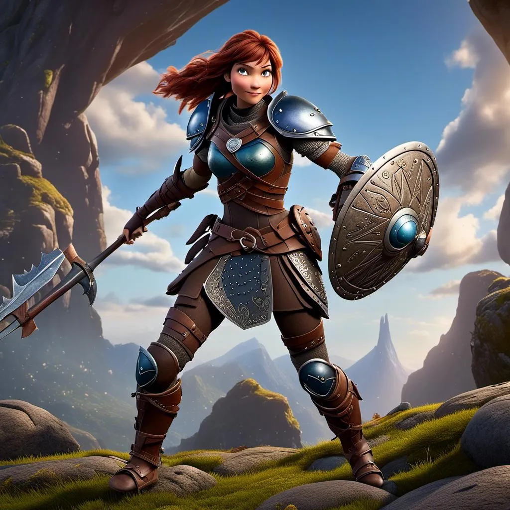 Prompt: <mymodel>Animated CGI style of a fierce Caucasian Viking, female about 25 years old, detailed facial features, leather armor with intricate Nordic designs, battle axe and shield, intense and determined expression, dynamic and powerful pose, high definition, CGI, detailed armor, fierce female, Nordic designs, battle-ready, dynamic pose, professional lighting