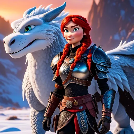 Prompt: <mymodel>CGI animation, 40-year-old woman, white dragon with light blue highlights, red hair, dreadlocks, braids, light blue eyes, black gear, black armor, standing on a snowy plain with her white dragon