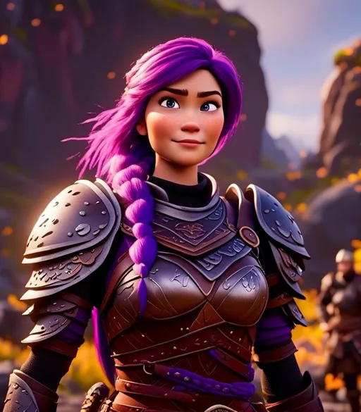 Prompt: <mymodel>CGI Animation, digital art, 20-year-old-old viking woman with light blue eyes, standing in a battle arena at the ready, purple hair with purple strands, single braid down her shoulder with a tiara, subtle smile, unreal engine 8k octane, 3d lighting, close up camera shot on the face, full armor