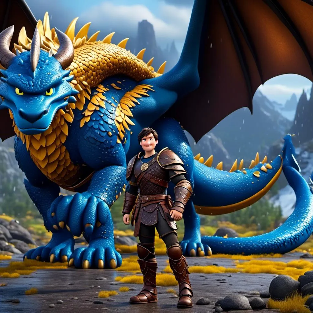 Prompt: <mymodel>CGi Animation, 20-year-old viking man with blue eyes, a rainy scene, he is standing next to a bright blue dragon with gold highlights, they are both in the rain, the viking man has a subtle smile, black hair, he has blue gear, gold armor, black pants, black boots