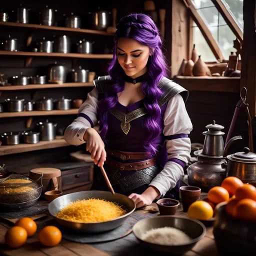 Prompt: Photo of <mymodel> working in the kitchen preparing food in her viking house