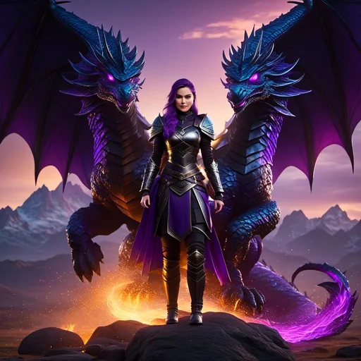 Prompt: Photo of <mymodel> standing next to her black Razorwhip dragon, high-res, detailed, realistic, fantasy, vibrant colors, epic fantasy, dragon scales, detailed character, dynamic pose, mythological creature, majestic, colorful lighting, professional digital art, fantasy landscape