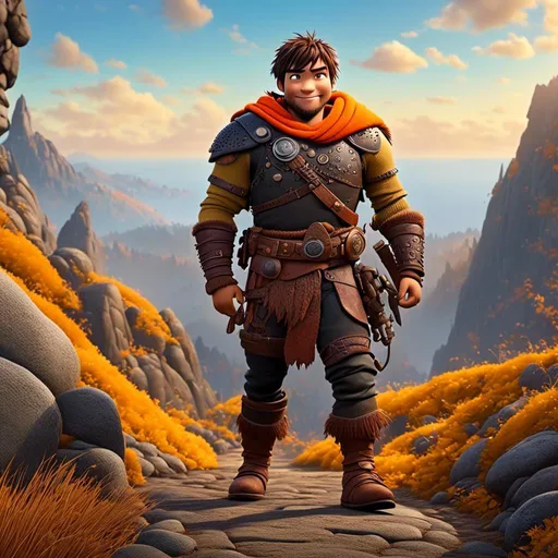 Prompt: <mymodel>CGI Animation of a viking male, light and small body build, young looks, black short spiky hair, brown eyes, bright orange simple gear, yellow highlights and textures, full body picture, standing in a viking village, intricate details, high quality, digital painting, bright energetic tones, dramatic lighting