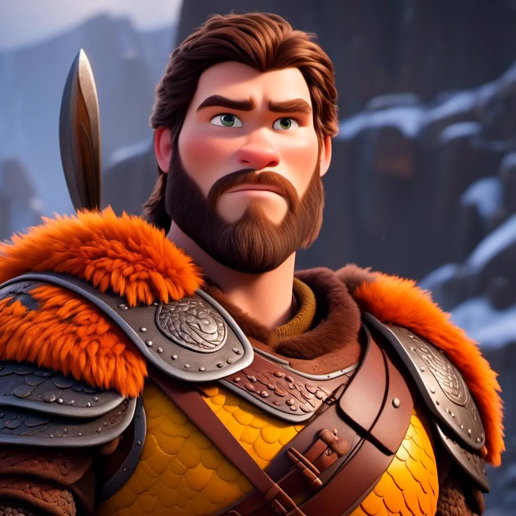 Prompt: <mymodel>Animated CGI style of a fierce 24-year-old Caucasian Viking with dark hair, light body build, intense gaze, realistic (yellow light armor) with highlights of orange textures, high quality, CGI, realistic, intense gaze, viking, male, Caucasian, detailed facial features, highres, professional, intense lighting