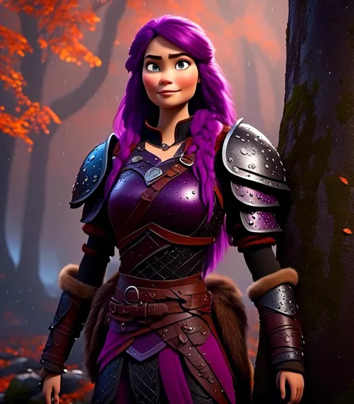 Prompt: <mymodel>CGI Animation, digital art, 20-year-old-old viking woman with light blue eyes, it is raining, she is of royalty standing at night next to a tree with her hands resting on the bark, she is in a dimly lit thick forest with trees everywhere, dense fog, {{black gear, purple armor}}, purple hair, single braid down her shoulder with a tiara, subtle smile, unreal engine 8k octane, 3d lighting, close up camera shot on the face, full armor