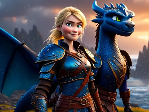 Prompt: <mymodel>CGi Animation, 20-year-old viking woman with blue eyes, a rainy scene, she is standing next to a bright blue dragon with gold highlights, they are both in the rain, the viking woman has a subtle smile, blonde hair in a ponytail style, she has blue gear, gold armor, black pants, black boots