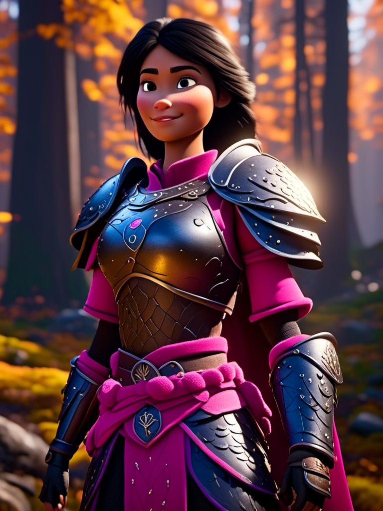 Prompt: <mymodel>CGI Animation, digital art, 20-year-old-old viking woman of royalty standing in the forest with bright sunshine, {{pink gear, blue armor}}, black hair, straight hair with a tiara, subtle smile, unreal engine 8k octane, 3d lighting, close up camera shot on the face, full armor