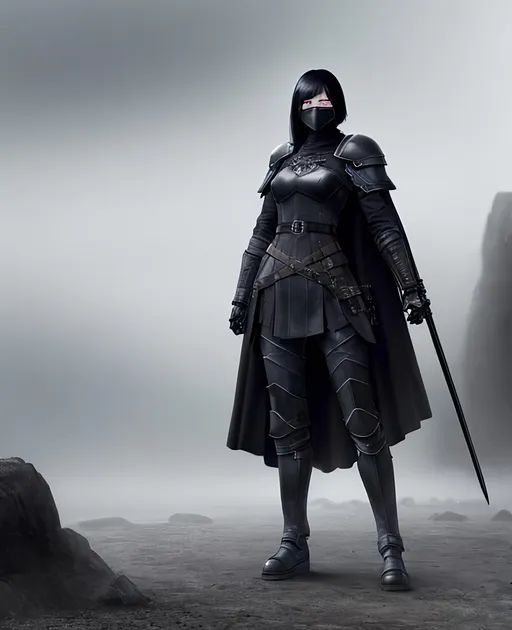 Prompt: Digital Art, a sinister viking woman, black armor, a long black cloak down to the feet, armored mask, black gear, a black helmet fully covering her face, with a black ponytail coming from the helmet, black bracers, black pants, black boots, unreal engine 16k octane, 3d lightning