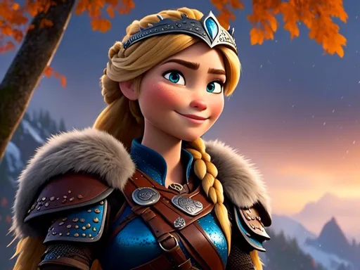 Prompt: <mymodel>CGi Animation, 20-year-old viking woman with blue eyes, she is wearing a tiara, a rainy scene, she is sitting on a boulder in a forest, the viking woman has a subtle smile with it pouring down rain, blonde hair in a ponytail style, she has blue gear, gold armor, black pants, black boots