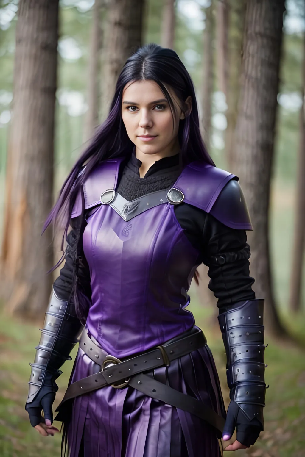 Prompt: Digital Art, 25-year-old viking woman, purple gear, purple clothes, subtle smile, black straight hair, dark purple eyes, a dark purple long-sleeve shirt, textured skirt down to knees, dark purple pants, dark purple armor, long black hair with volume, middle part in hair, leather boots, dark purple gear, unreal engine 64k octane, hdr, 3d lighting, full body, full armor