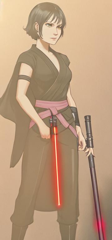 Prompt: A young woman Sith lord, with black short-length hair, black pants, a subtle smile, a black short sleeve shirt, a black vest past the waist, a black belt, black boots, two lightsabers one red and one light pink