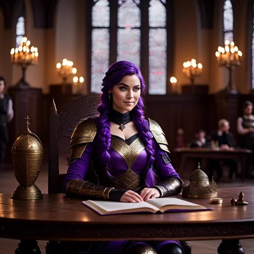 Prompt: Photo of <mymodel> sitting at a table in The Great Hall
