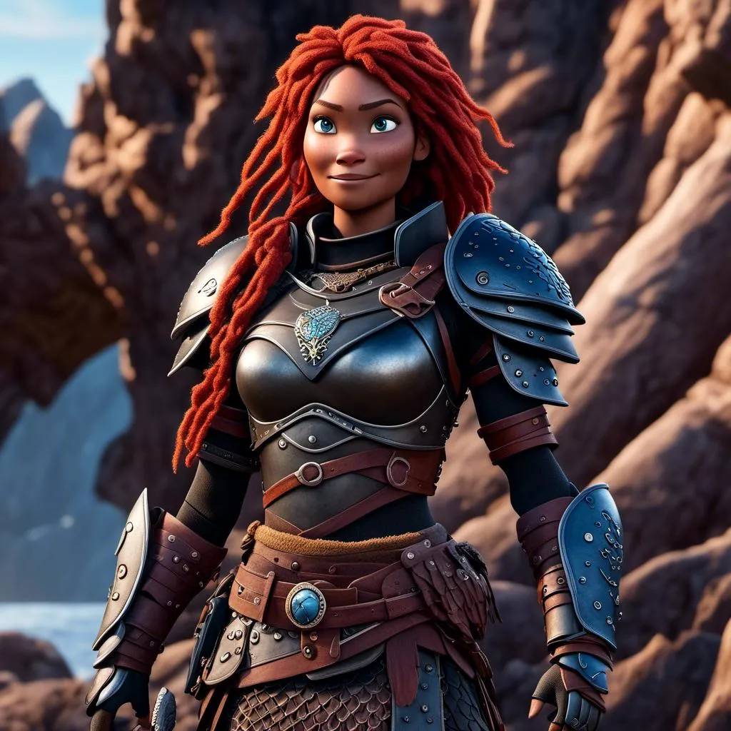 Prompt: <mymodel>CGI Animation of a viking woman of 40 years old, red hair with dreadlocks, blue eyes, all black gear and armor, leather highlights and textures, dragon scale textures and armor, intricate details, high quality, digital painting, cool tones, dramatic lighting