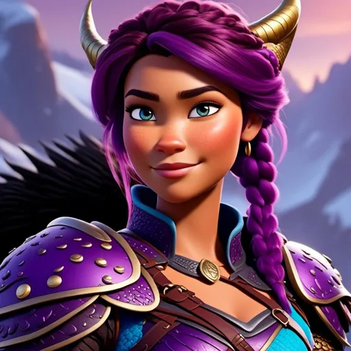 Prompt: <mymodel>Female viking warrior, thin and light muscle build, purple hair with a single braid down her shoulder, there is a medium-sized black dragon next to her, the female viking is petting her black dragon, light blue eyes, gold armor, purple gear, black pants, purple boots, historical, strong and natural lighting